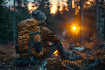 An adventurer rests by a warm campfire in the forest, enjoying the peace of a wilderness sunset