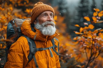 Fototapeta premium A lone hiker in an orange jacket stands amidst vibrant autumn leaves, conveying a sense of exploration