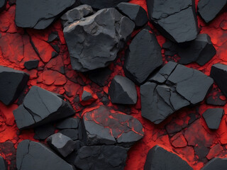 Burning coals and crack surface. Black and red rock stone background. Dark red horror scary background. Old wall texture cement black, red background design. Red grunge textured stone wall background.