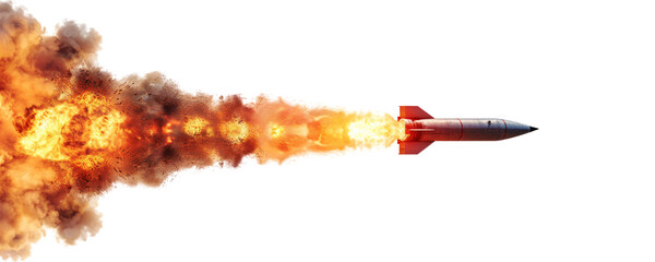 Obraz premium A missile rocket with fire trail isolated on transparent background.