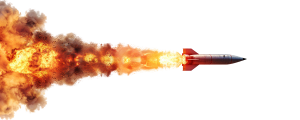 A missile rocket with fire trail isolated on transparent background.
