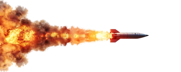 Foto auf Acrylglas A missile rocket with fire trail isolated on transparent background. © comicsans