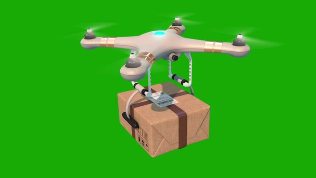 Green Screen Alpha Matte Quadcopter Delivering a Package in Blue Sky Seamless 3d Animation Modern Delivery Concept