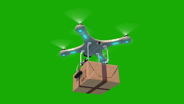 Green Screen Alpha Matte Quadcopter Delivering a Package from below Blue Sky Seamless 3d Animation Modern Delivery Concept