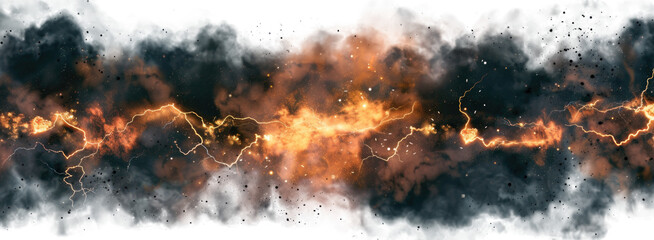 Naklejka premium Black storm clouds with lightnings and smoke isolated on transparent background.