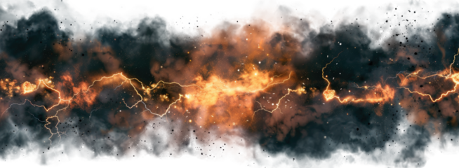 Black storm clouds with lightnings and smoke isolated on transparent background.