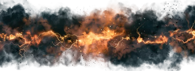 Foto auf Acrylglas Antireflex Black storm clouds with lightnings and smoke isolated on transparent background. © comicsans