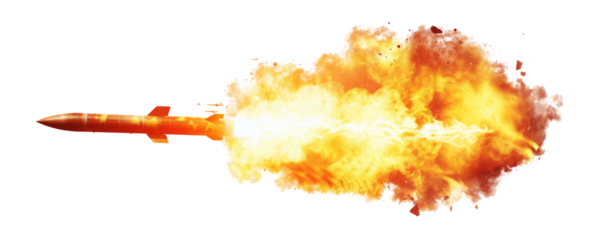 A missile with fire trail isolated on transparent background.