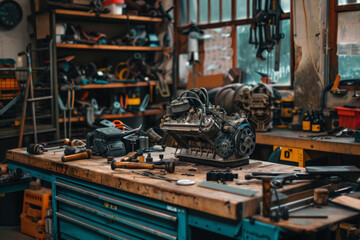 Fototapeta premium Car Engine on Workbench in Mechanic Shop