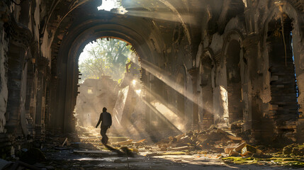 An explorer in an ancient ruin with sunlight streaming through a decrepit archway evoking the mystery and history of civilizations past.