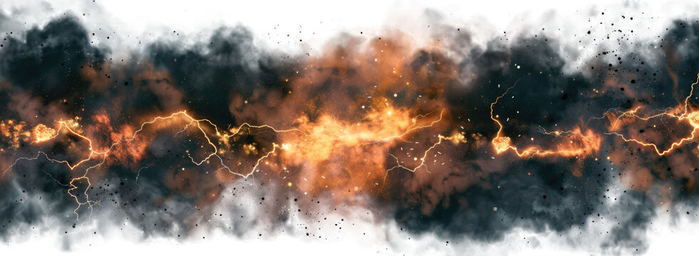 Naklejki Black storm clouds with lightnings and smoke isolated on transparent background.