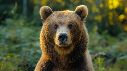 Obraz premium A brown bear, a powerful wild animal, swims in a river surrounded by nature