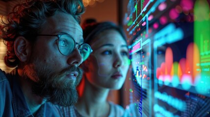 Obraz premium Analytical team examines complex data visualizations on futuristic digital displays