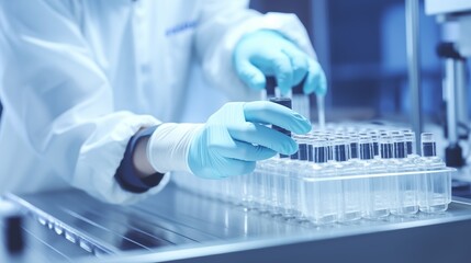 hand with sanitary gloves check Medical vials on production line at pharmaceutical factory, Pharmaceutical machine working pharmaceutical glass bottles production line.