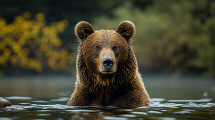A brown bear, a powerful wild animal, swims in a river surrounded by nature