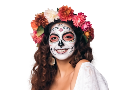 A sugar skull makeup women isolated on transparent background. - Powered by Adobe