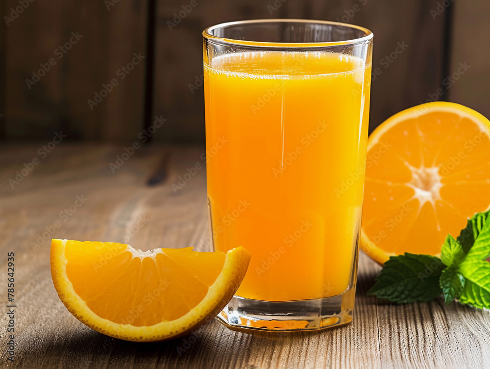 Poster freshly squeezed orange juice in glass