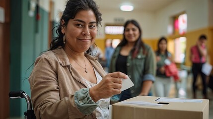 mexican Woman in a wheelchair casting her vote at a polling station, with other voters in the background, representing democratic participation