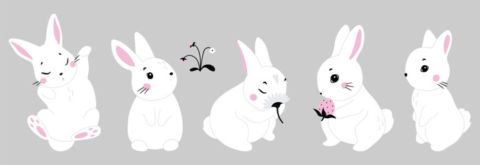 Cute white rabbit in various poses. Rabbit animal icon isolated on background. For Moon Festival, Chinese Lunar Year of the Rabbit, Easter decor. White Easter bunny, hare. Wild animals, baby animals