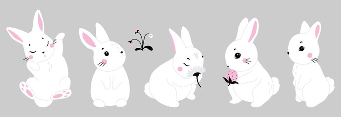 Obraz premium Cute white rabbit in various poses. Rabbit animal icon isolated on background. For Moon Festival, Chinese Lunar Year of the Rabbit, Easter decor. White Easter bunny, hare. Wild animals, baby animals