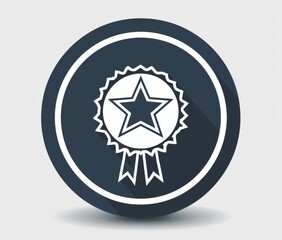 Simple minimalistic line art icon of a badge with ribbon against a navy blue circular background with a white outline