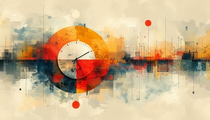Vibrant time-traveling odyssey artwork in watercolor style, featuring alien clock, century essence, and technology marvels. Abstract pattern in orange hues with minimalistic design - obrazy, fototapety, plakaty