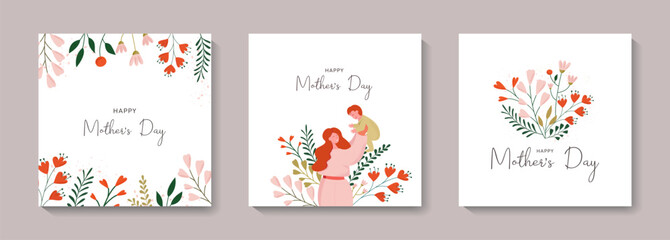 Fototapeta na wymiar set of Happy Mother's Day greeting cards with beautiful colorful flowers and woman holding up a baby. Editable vector template for greeting card, poster, banner, invitation, social media post.