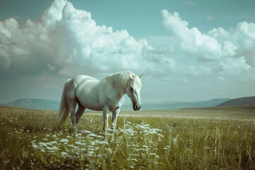 Beautiful white horse on green field - obrazy, fototapety, plakaty