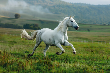 Obraz na płótnie Canvas White horse run gallop on green field