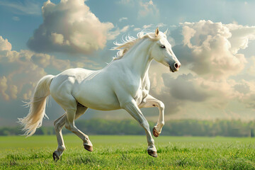 White horse run gallop on green field