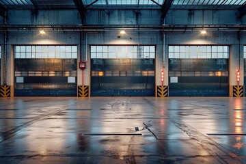 Row of loading doors in logistic warehouse building