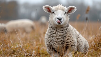 What a cute funny sheep. Portrait of sheep showing tongue. - obrazy, fototapety, plakaty