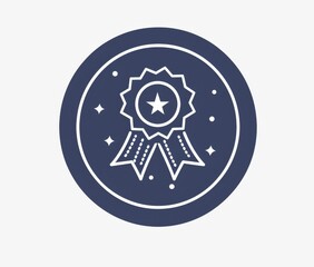 Simple minimalistic line art icon of a badge with ribbon against a navy blue circular background with a white outline