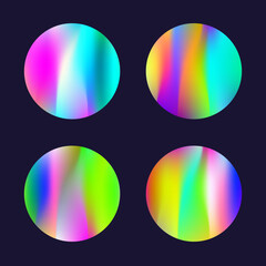 Gradient round set with holographic mesh. Abstract hologram. Neon gradient round set. Minimalistic 90s, 80s retro style graphic template for book, annual, mobile interface, web app.