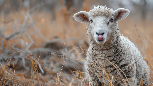What a cute funny sheep. Portrait of sheep showing tongue.
