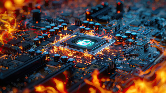 CPU processor being the central hub of high-tech and digital data processing, malware, ransomware, computer virus, protection, security