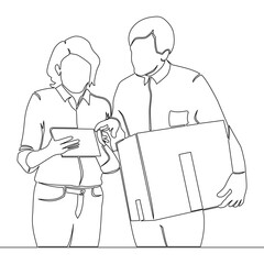 Continuous one single line drawing Storehouse workers keeping records of boxes icon vector illustration concept