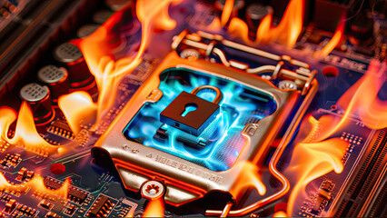 A graphic representation of a CPU chip locked with a padlock surrounded by flames, symbolizing digital security, data protection, and cyber threats