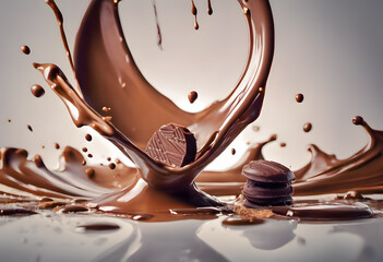 A dynamic splash of chocolate with a chocolate piece and macarons caught in the motion, set against...