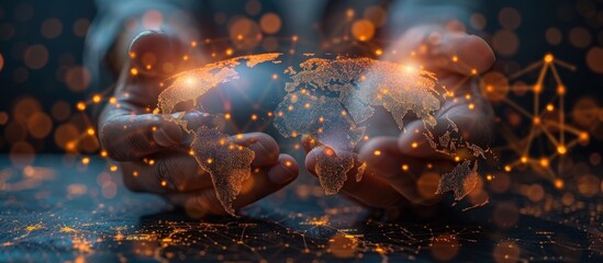 Businessman leading the global connection with connecting people orbit around the world.