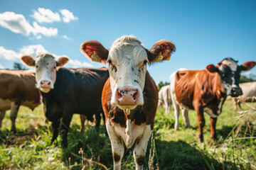 Fototapeta premium Curious Cows in Pasture Under Blue Sky