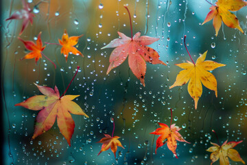 Obraz na płótnie Canvas Autumn Leaves Behind Raindrops-Covered Glass Window