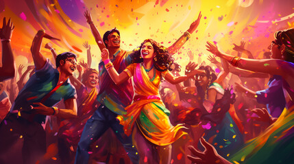 Happy couple dancing during holi festival celebration with colorful face and dress at ceremony - concept refreshment, entertainment and joyful
