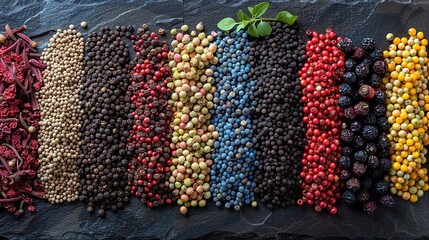 A visually striking array of peppercorns forming a color gradient on a dark slate background, symbolizing diversity and variety in flavors, perfect for culinary arts or as a vibrant educational tool