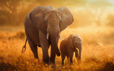 Gentle Giants at Golden Hour: Majestic Elephant and Calf in Harmonious Wilderness, Captivating Wildlife Photography Celebrates Nature's Family Ties