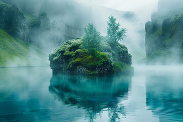 Ethereal Misty Landscape with Lush Greenery and Serene Lake