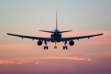 Commercial airplane landing during twilight