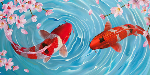 Red carp swim in blue water with sakura petals

