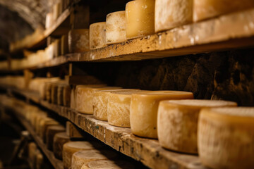 Aged Cheese Wheels in a Storage Cave