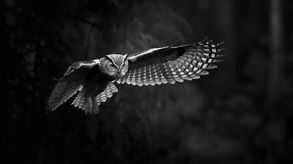Silent Hunter in Flight: Striking Black and White Owl Photography, Elegance and Precision Captured Amidst the Whispering Woods